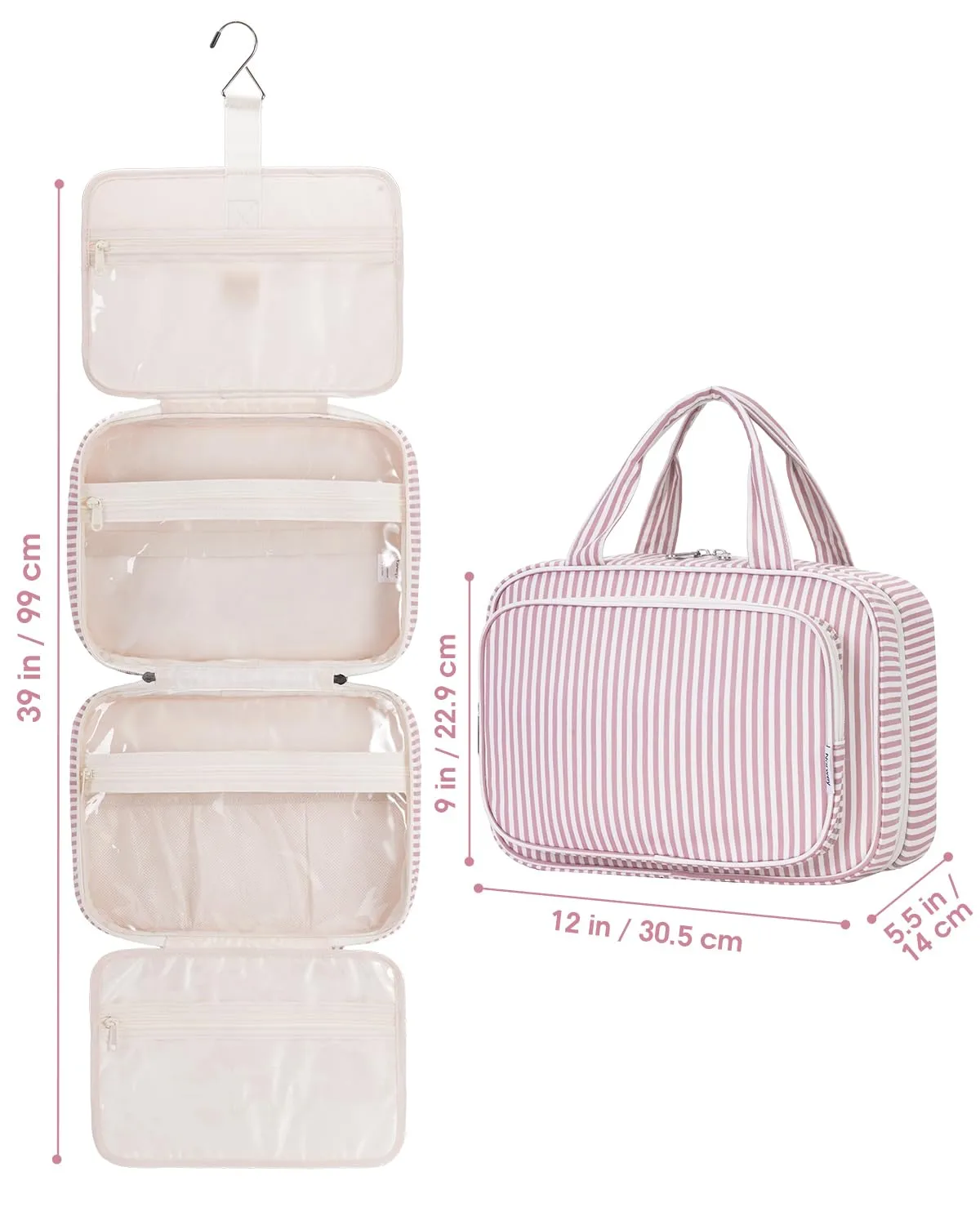 Narwey Beauty Case da Grande Viaggio, Beauty Case da Appendere per Donna Uomo,Borsa da Toilette da Travel Kit Viaggio, Grande Trousse Pochette Trucchi Donna (Striscia Rosa Polvere (Grande)) - immagine 9