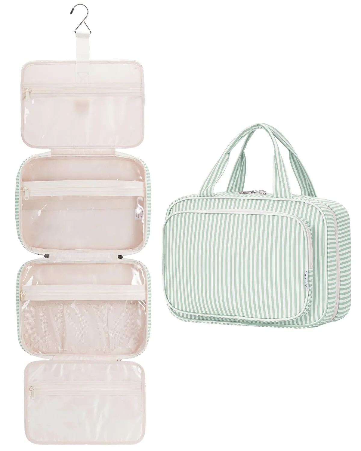 Narwey Beauty Case da Grande Viaggio, Beauty Case da Appendere per Donna Uomo,Borsa da Toilette da Travel Kit Viaggio, Grande Trousse Pochette Trucchi Donna (Striscia Verde Menta (Grande)) - immagine 1