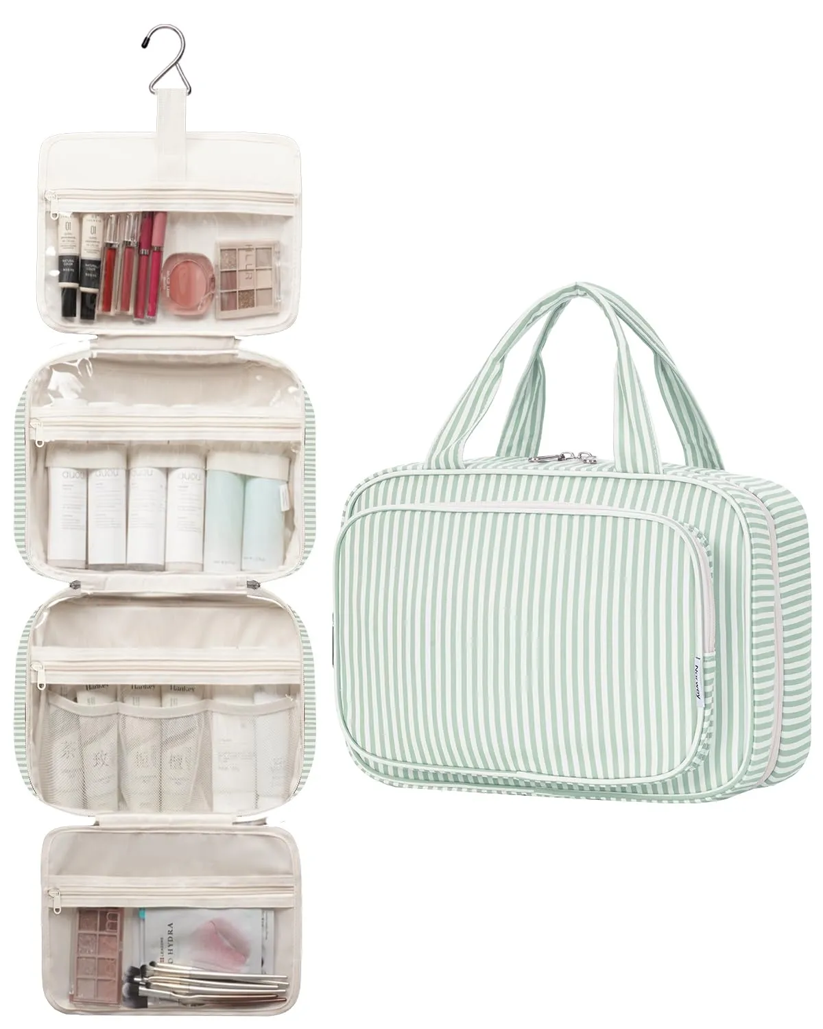 Narwey Beauty Case da Grande Viaggio, Beauty Case da Appendere per Donna Uomo,Borsa da Toilette da Travel Kit Viaggio, Grande Trousse Pochette Trucchi Donna (Striscia Verde Menta (Grande)) - immagine 3