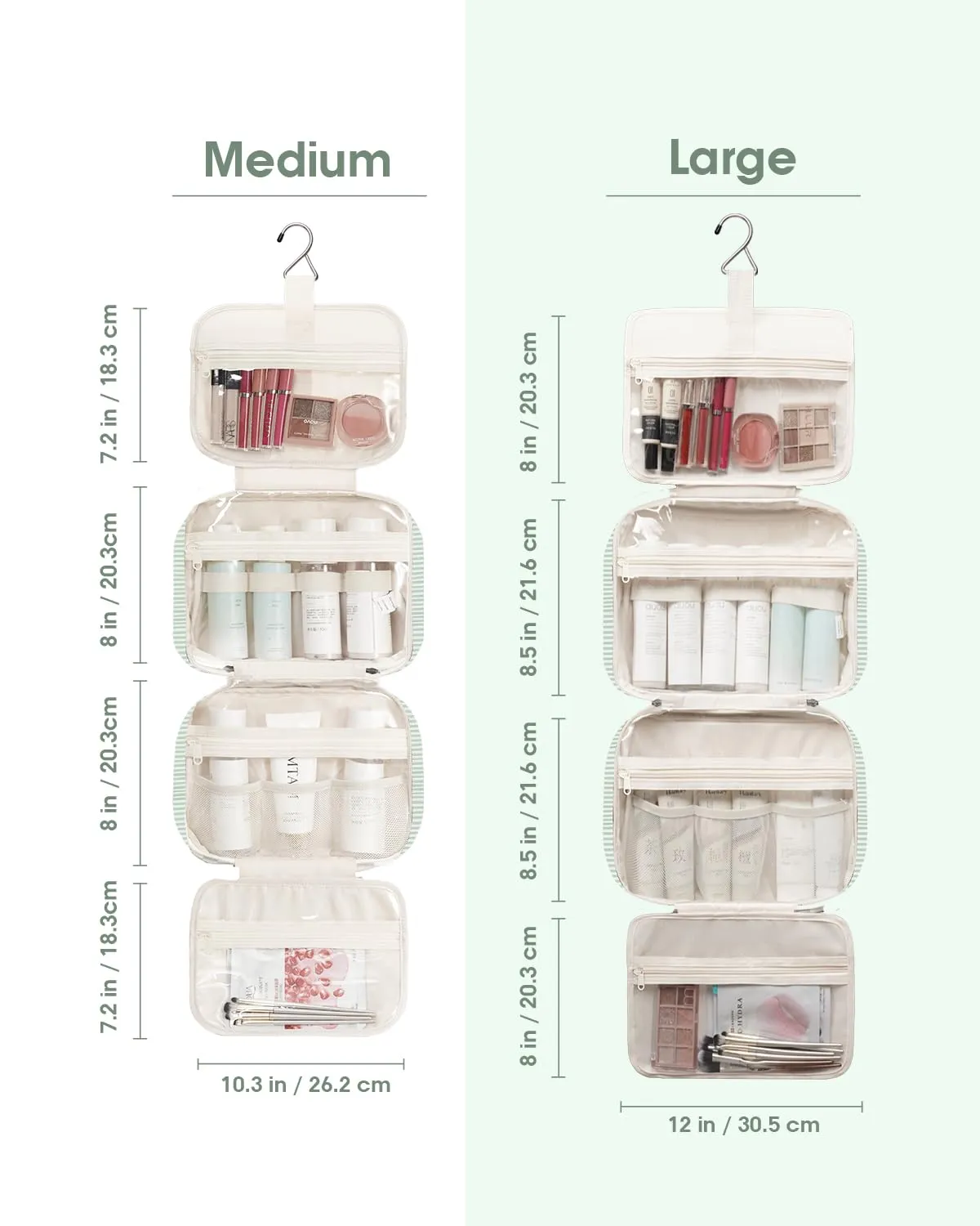 Narwey Beauty Case da Grande Viaggio, Beauty Case da Appendere per Donna Uomo,Borsa da Toilette da Travel Kit Viaggio, Grande Trousse Pochette Trucchi Donna (Striscia Verde Menta (Grande)) - immagine 4