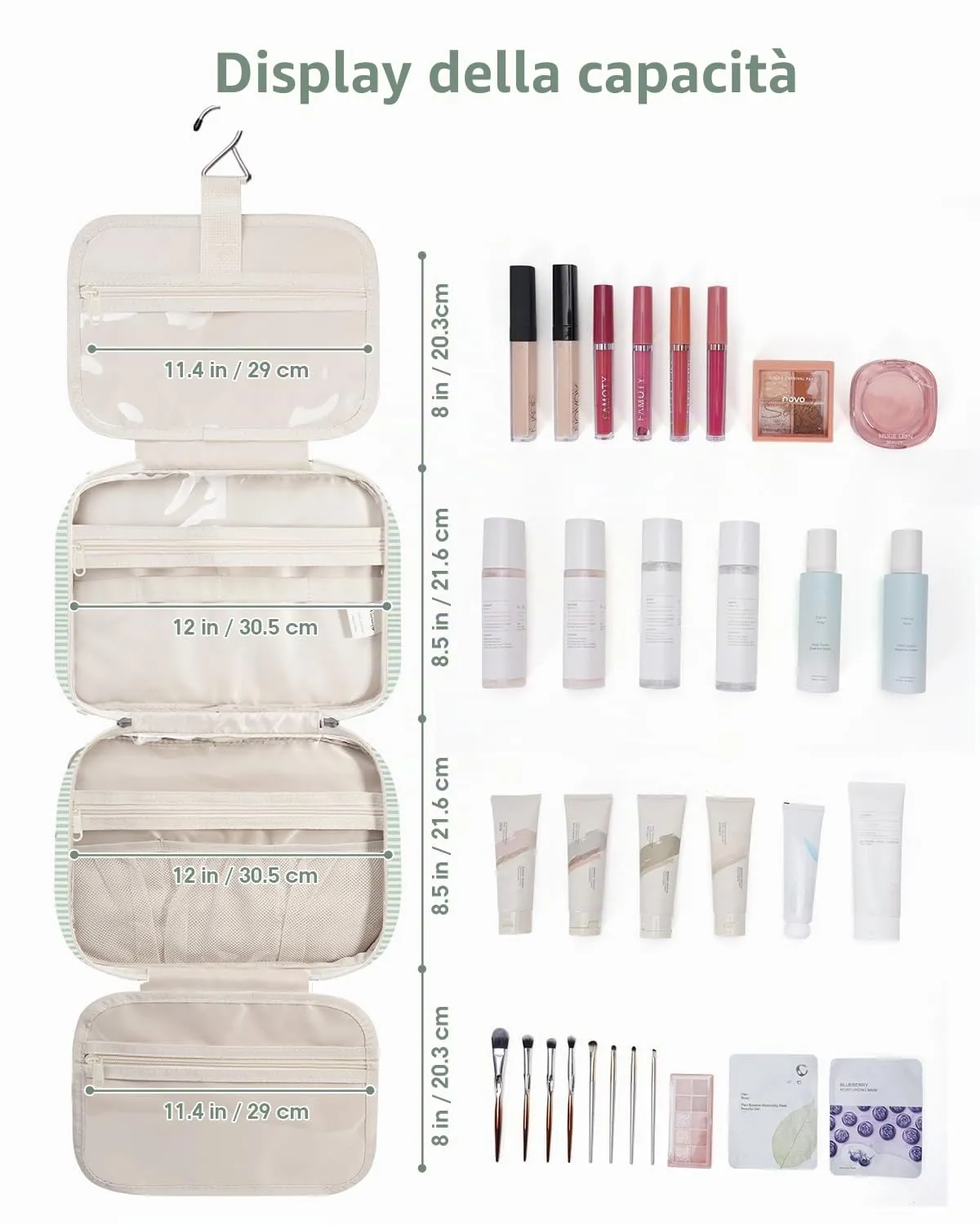 Narwey Beauty Case da Grande Viaggio, Beauty Case da Appendere per Donna Uomo,Borsa da Toilette da Travel Kit Viaggio, Grande Trousse Pochette Trucchi Donna (Striscia Verde Menta (Grande)) - immagine 5