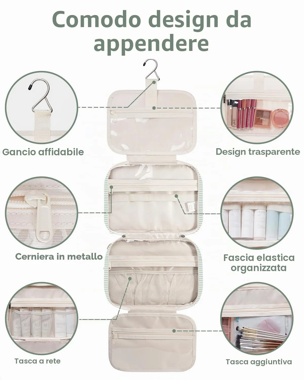 Narwey Beauty Case da Grande Viaggio, Beauty Case da Appendere per Donna Uomo,Borsa da Toilette da Travel Kit Viaggio, Grande Trousse Pochette Trucchi Donna (Striscia Verde Menta (Grande)) - immagine 6