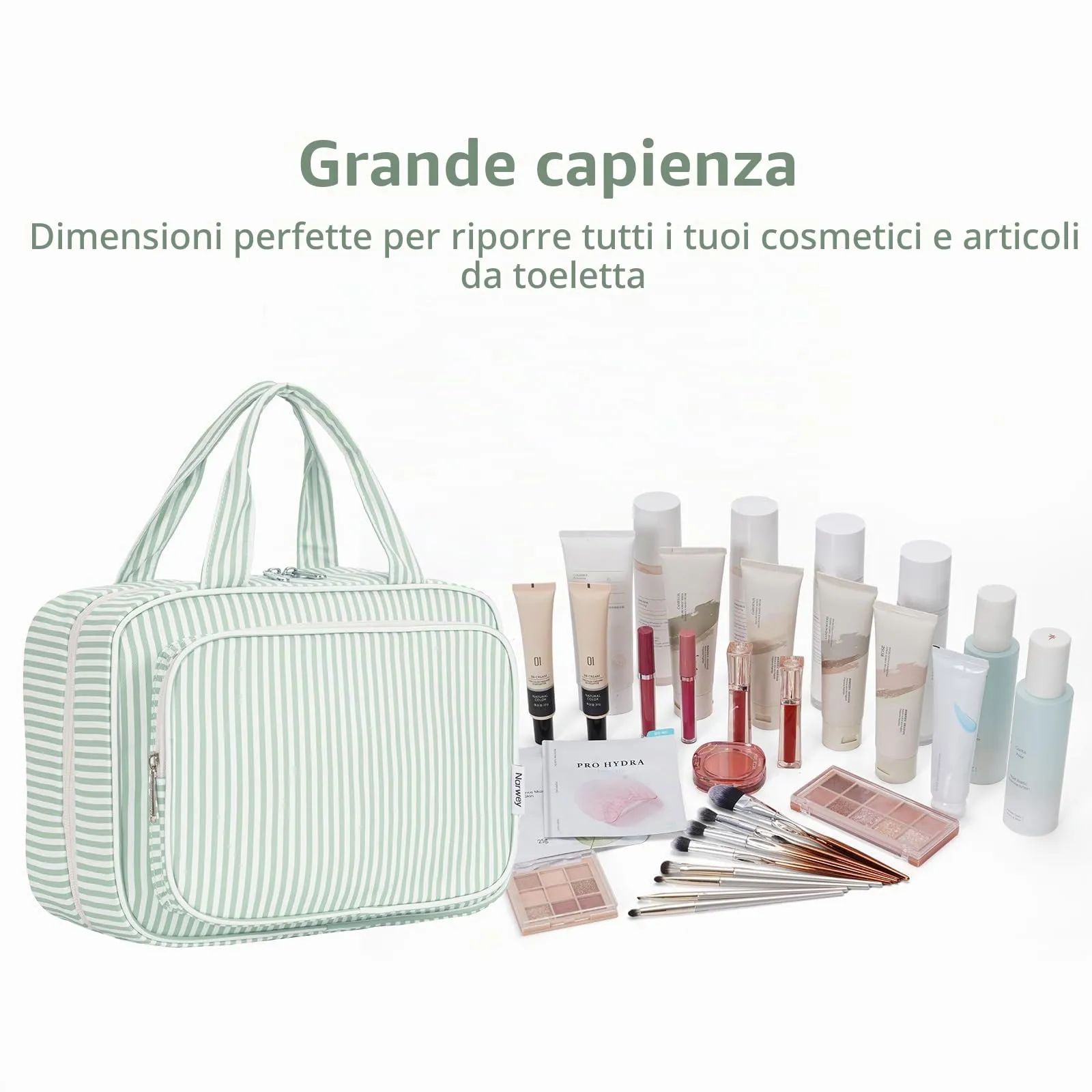 Narwey Beauty Case da Grande Viaggio, Beauty Case da Appendere per Donna Uomo,Borsa da Toilette da Travel Kit Viaggio, Grande Trousse Pochette Trucchi Donna (Striscia Verde Menta (Grande)) - immagine 7