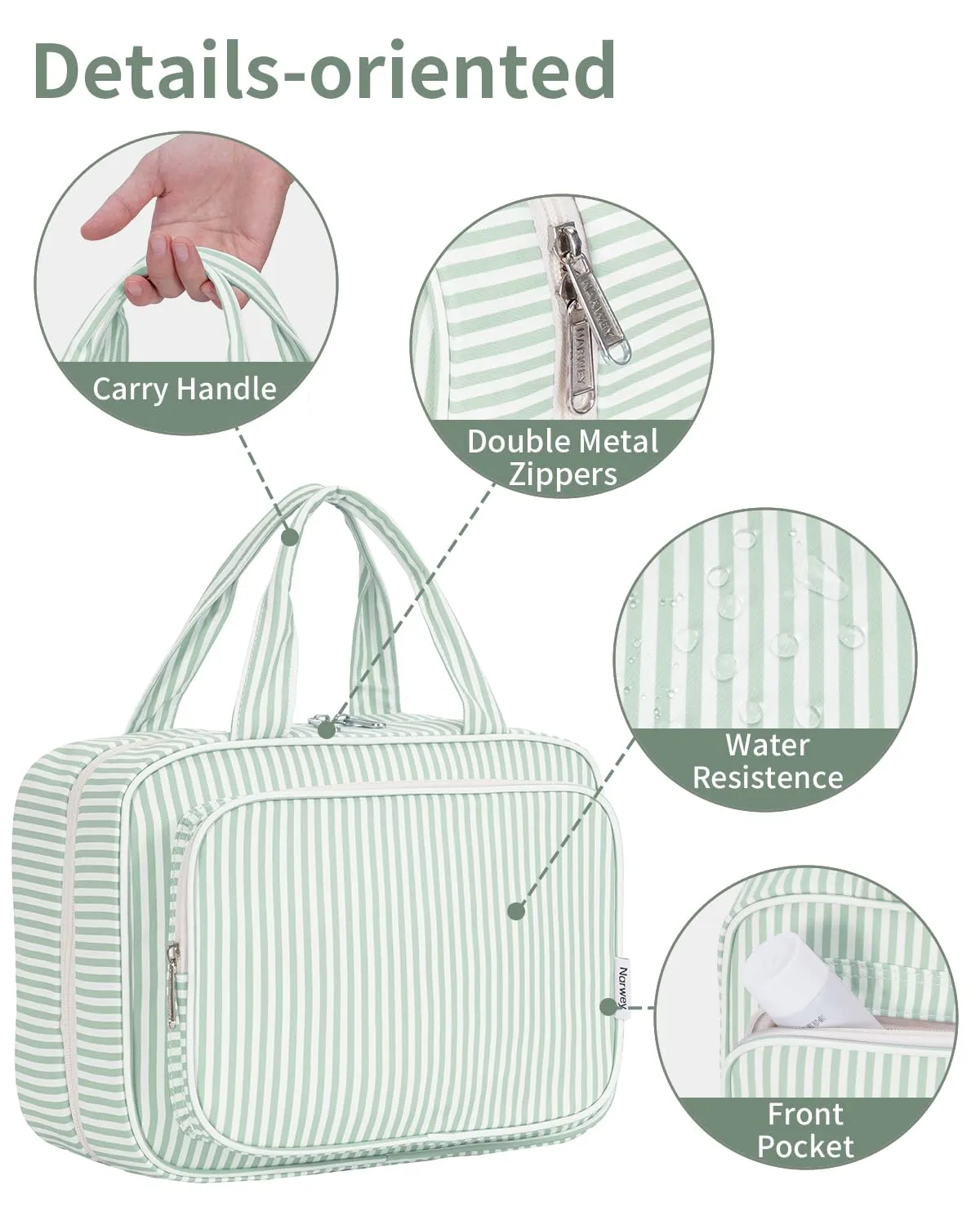 Narwey Beauty Case da Grande Viaggio, Beauty Case da Appendere per Donna Uomo,Borsa da Toilette da Travel Kit Viaggio, Grande Trousse Pochette Trucchi Donna (Striscia Verde Menta (Grande)) - immagine 8
