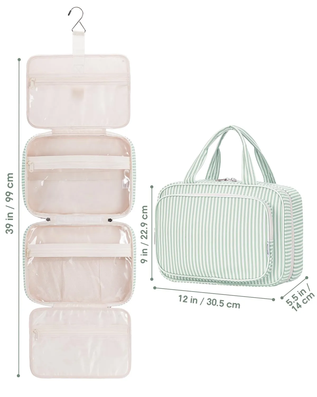 Narwey Beauty Case da Grande Viaggio, Beauty Case da Appendere per Donna Uomo,Borsa da Toilette da Travel Kit Viaggio, Grande Trousse Pochette Trucchi Donna (Striscia Verde Menta (Grande)) - immagine 9