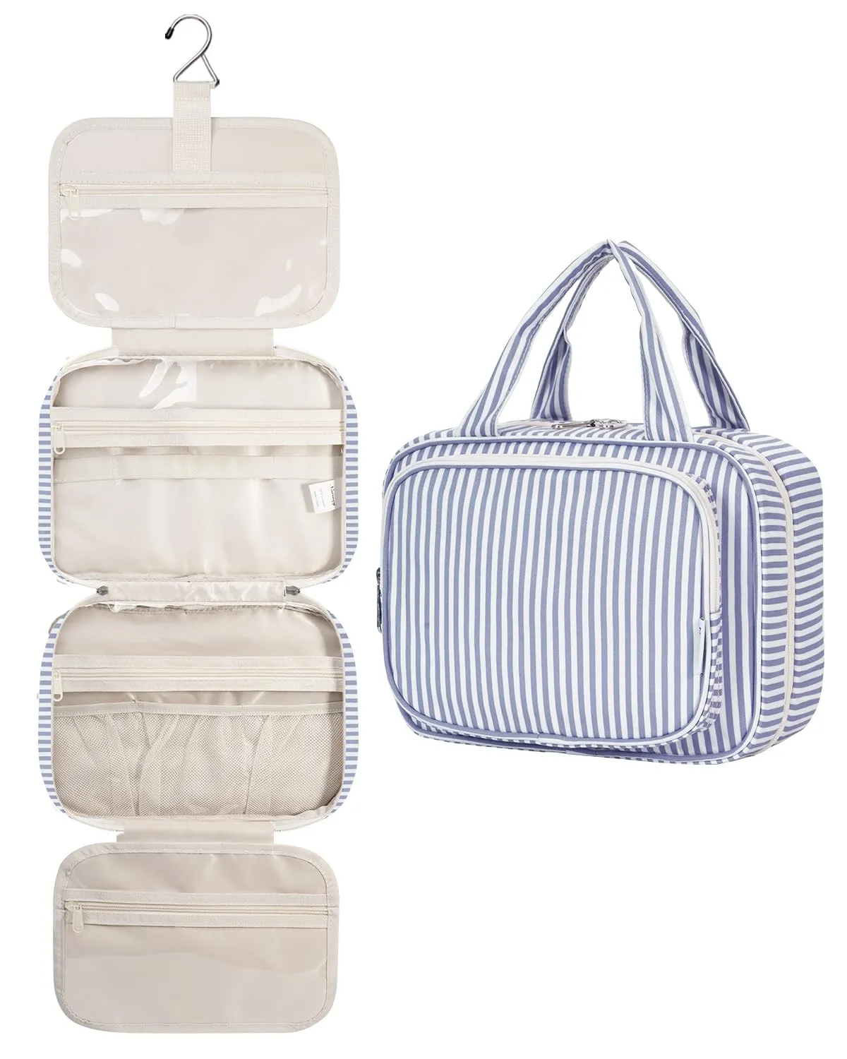Narwey Beauty Case da Appendere Viaggio, Beauty Case da Appendere per Donna Uomo,Borsa da Toilette da Travel Kit Viaggio, Trousse Pochette Trucchi Donna per Viaggio (Striscia Blu Grigiastra (Medio)) - immagine 1