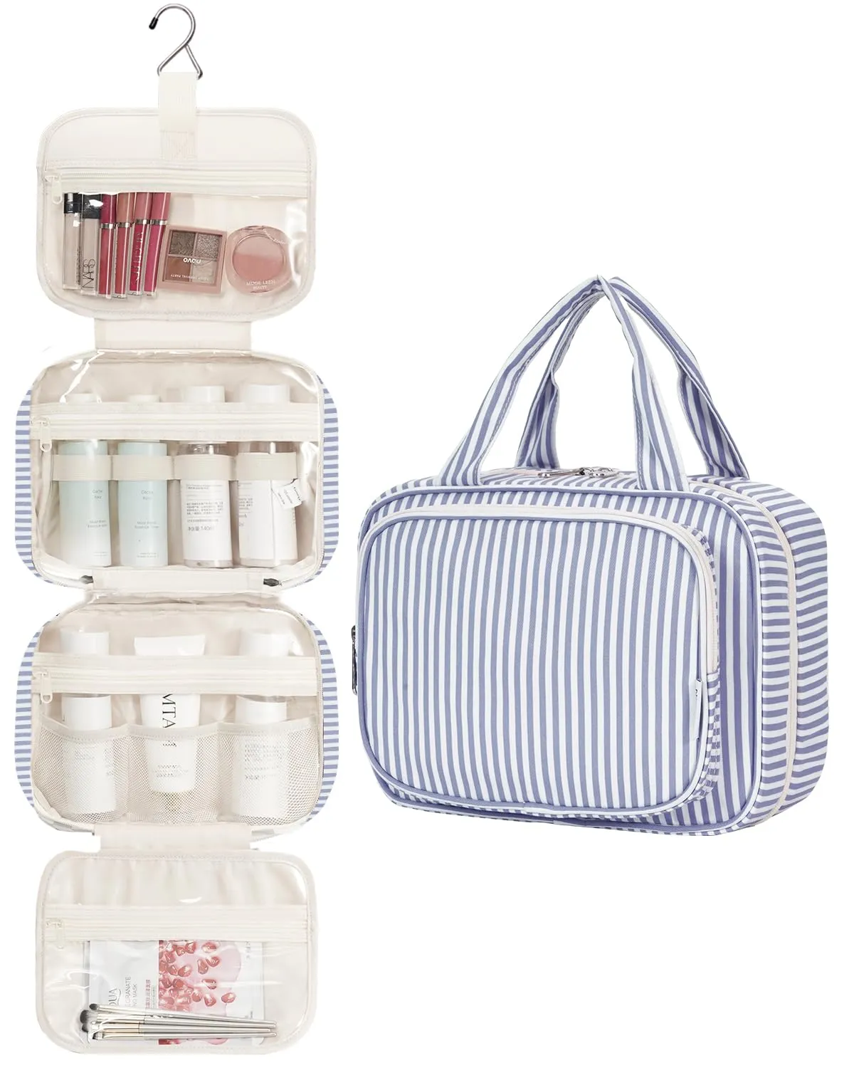Narwey Beauty Case da Appendere Viaggio, Beauty Case da Appendere per Donna Uomo,Borsa da Toilette da Travel Kit Viaggio, Trousse Pochette Trucchi Donna per Viaggio (Striscia Blu Grigiastra (Medio)) - immagine 2