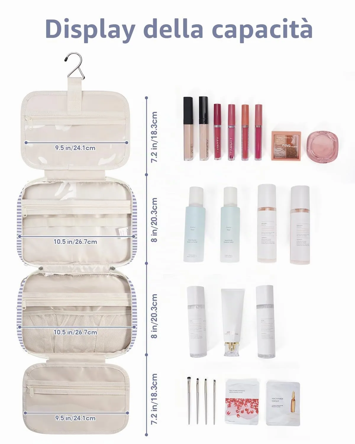 Narwey Beauty Case da Appendere Viaggio, Beauty Case da Appendere per Donna Uomo,Borsa da Toilette da Travel Kit Viaggio, Trousse Pochette Trucchi Donna per Viaggio (Striscia Blu Grigiastra (Medio)) - immagine 3