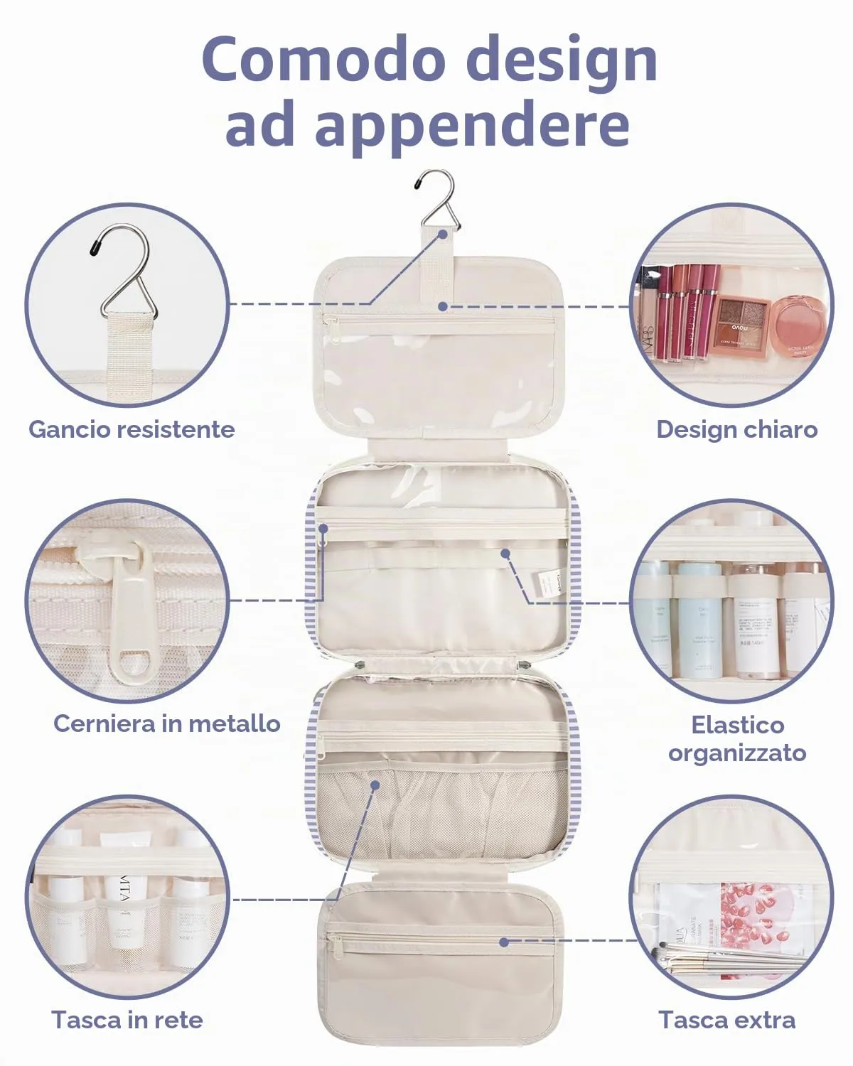 Narwey Beauty Case da Appendere Viaggio, Beauty Case da Appendere per Donna Uomo,Borsa da Toilette da Travel Kit Viaggio, Trousse Pochette Trucchi Donna per Viaggio (Striscia Blu Grigiastra (Medio)) - immagine 4