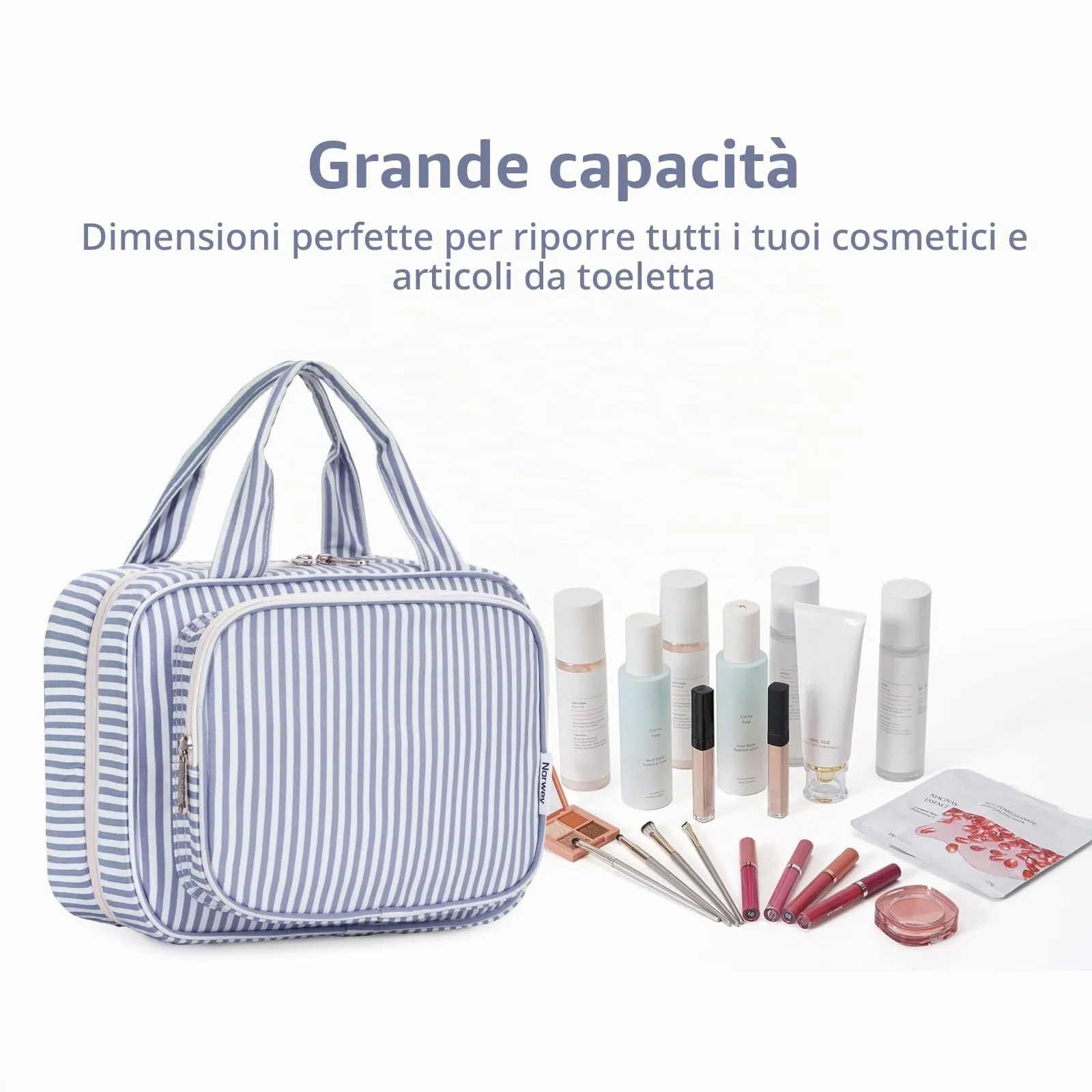 Narwey Beauty Case da Appendere Viaggio, Beauty Case da Appendere per Donna Uomo,Borsa da Toilette da Travel Kit Viaggio, Trousse Pochette Trucchi Donna per Viaggio (Striscia Blu Grigiastra (Medio)) - immagine 6