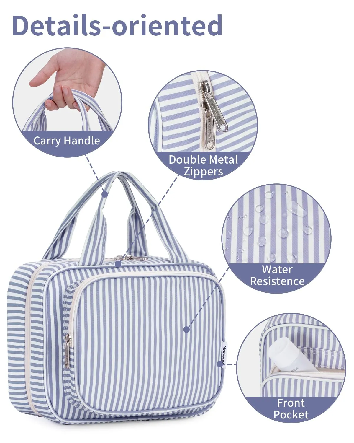 Narwey Beauty Case da Appendere Viaggio, Beauty Case da Appendere per Donna Uomo,Borsa da Toilette da Travel Kit Viaggio, Trousse Pochette Trucchi Donna per Viaggio (Striscia Blu Grigiastra (Medio)) - immagine 7
