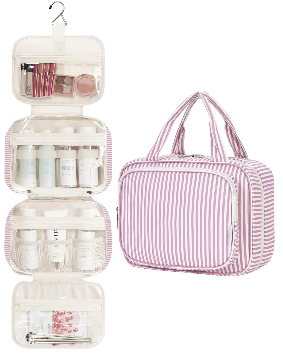 Narwey Beauty Case da Appendere Viaggio, Beauty Case da Appendere per Donna Uomo,Borsa da Toilette da Travel Kit Viaggio, Trousse Pochette Trucchi Donna per Viaggio (Striscia Rosa Polvere (Medio)) - immagine 2