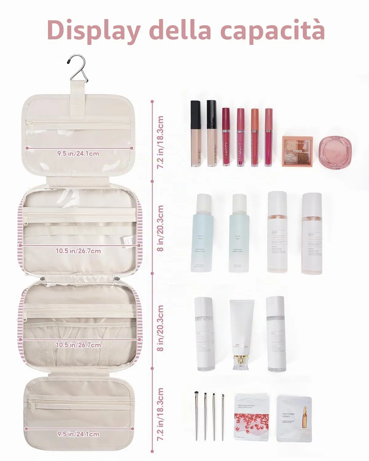 Narwey Beauty Case da Appendere Viaggio, Beauty Case da Appendere per Donna Uomo,Borsa da Toilette da Travel Kit Viaggio, Trousse Pochette Trucchi Donna per Viaggio (Striscia Rosa Polvere (Medio)) - immagine 3