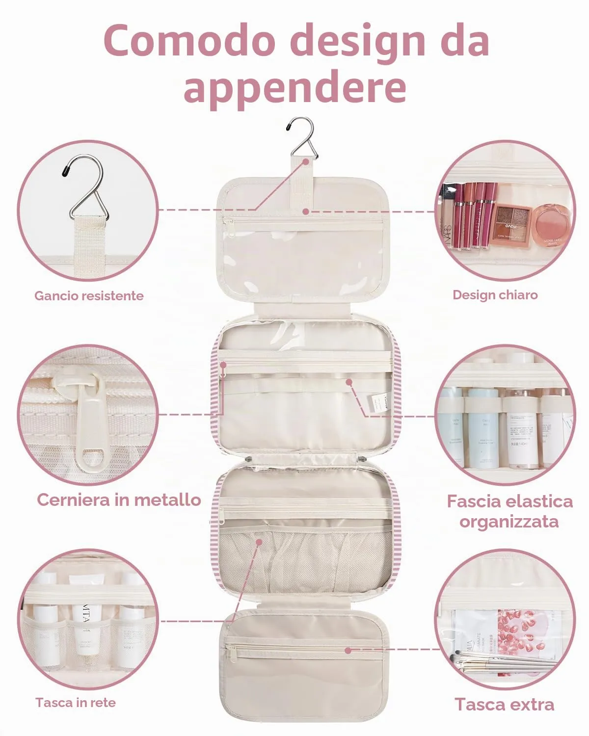 Narwey Beauty Case da Appendere Viaggio, Beauty Case da Appendere per Donna Uomo,Borsa da Toilette da Travel Kit Viaggio, Trousse Pochette Trucchi Donna per Viaggio (Striscia Rosa Polvere (Medio)) - immagine 4