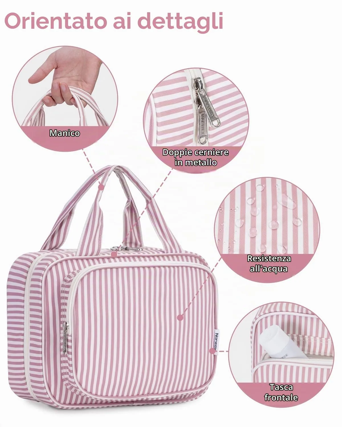 Narwey Beauty Case da Appendere Viaggio, Beauty Case da Appendere per Donna Uomo,Borsa da Toilette da Travel Kit Viaggio, Trousse Pochette Trucchi Donna per Viaggio (Striscia Rosa Polvere (Medio)) - immagine 7