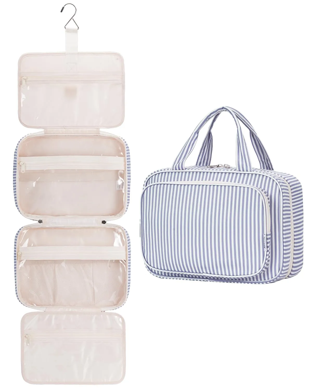 Narwey Beauty Case da Grande Viaggio, Beauty Case da Appendere per Donna Uomo,Borsa da Toilette da Travel Kit Viaggio, Grande Trousse Pochette Trucchi Donna (Striscia Blu Grigiastra (Grande)) - immagine 1
