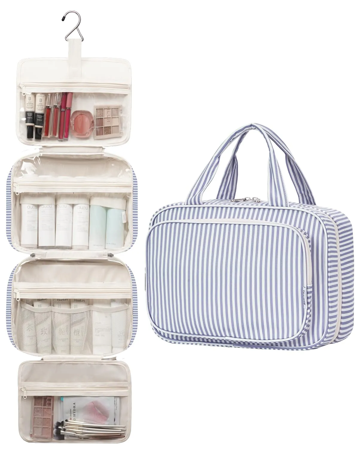 Narwey Beauty Case da Grande Viaggio, Beauty Case da Appendere per Donna Uomo,Borsa da Toilette da Travel Kit Viaggio, Grande Trousse Pochette Trucchi Donna (Striscia Blu Grigiastra (Grande)) - immagine 3