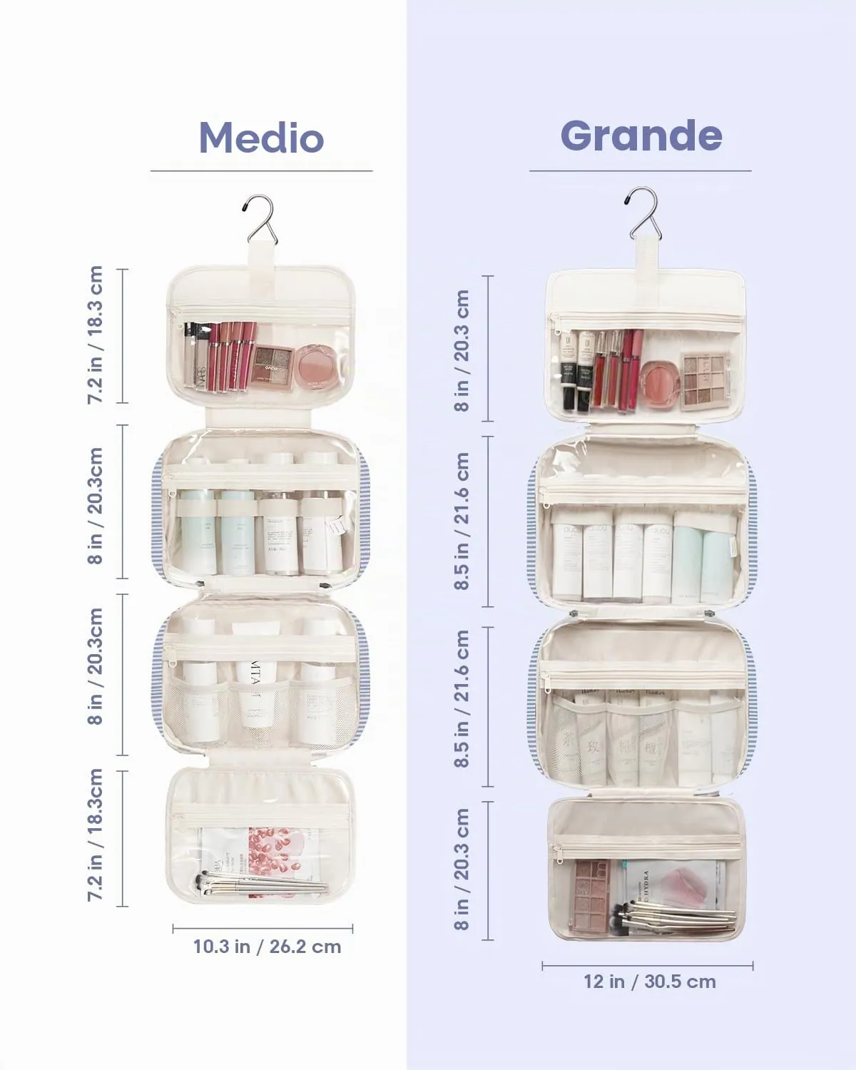 Narwey Beauty Case da Grande Viaggio, Beauty Case da Appendere per Donna Uomo,Borsa da Toilette da Travel Kit Viaggio, Grande Trousse Pochette Trucchi Donna (Striscia Blu Grigiastra (Grande)) - immagine 4