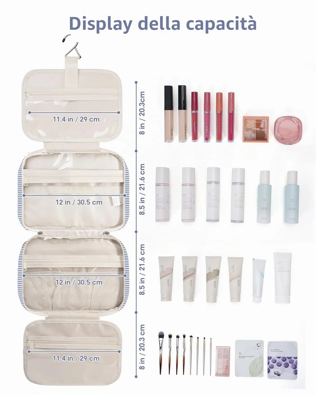Narwey Beauty Case da Grande Viaggio, Beauty Case da Appendere per Donna Uomo,Borsa da Toilette da Travel Kit Viaggio, Grande Trousse Pochette Trucchi Donna (Striscia Blu Grigiastra (Grande)) - immagine 5