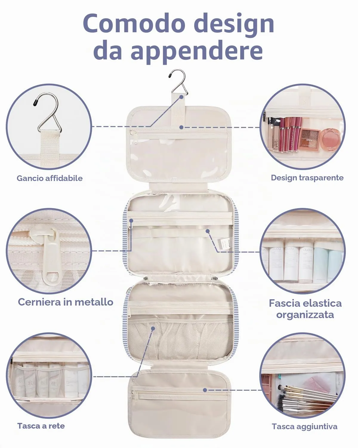 Narwey Beauty Case da Grande Viaggio, Beauty Case da Appendere per Donna Uomo,Borsa da Toilette da Travel Kit Viaggio, Grande Trousse Pochette Trucchi Donna (Striscia Blu Grigiastra (Grande)) - immagine 6