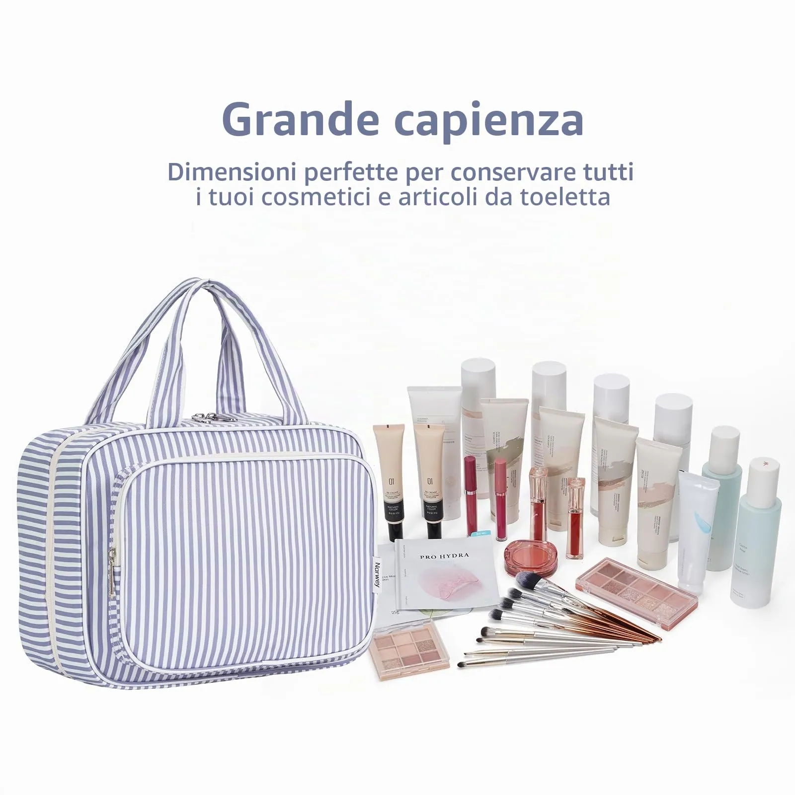 Narwey Beauty Case da Grande Viaggio, Beauty Case da Appendere per Donna Uomo,Borsa da Toilette da Travel Kit Viaggio, Grande Trousse Pochette Trucchi Donna (Striscia Blu Grigiastra (Grande)) - immagine 7