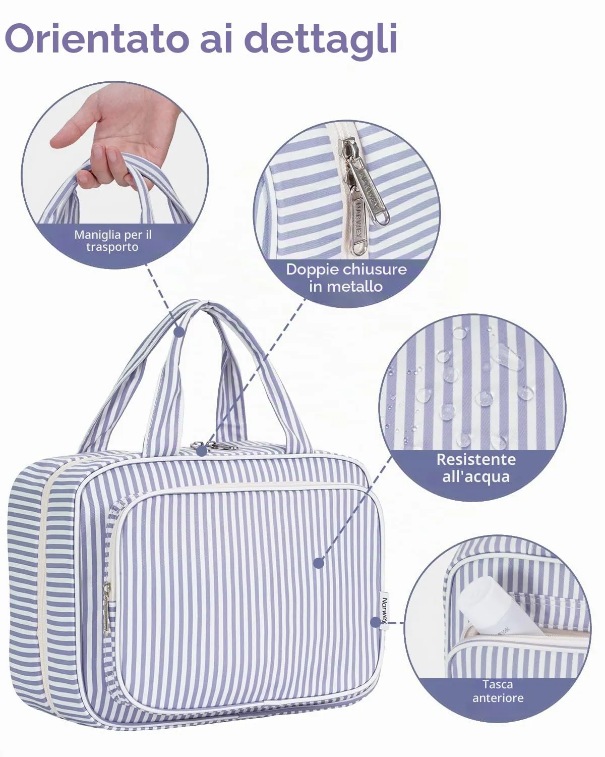 Narwey Beauty Case da Grande Viaggio, Beauty Case da Appendere per Donna Uomo,Borsa da Toilette da Travel Kit Viaggio, Grande Trousse Pochette Trucchi Donna (Striscia Blu Grigiastra (Grande)) - immagine 8