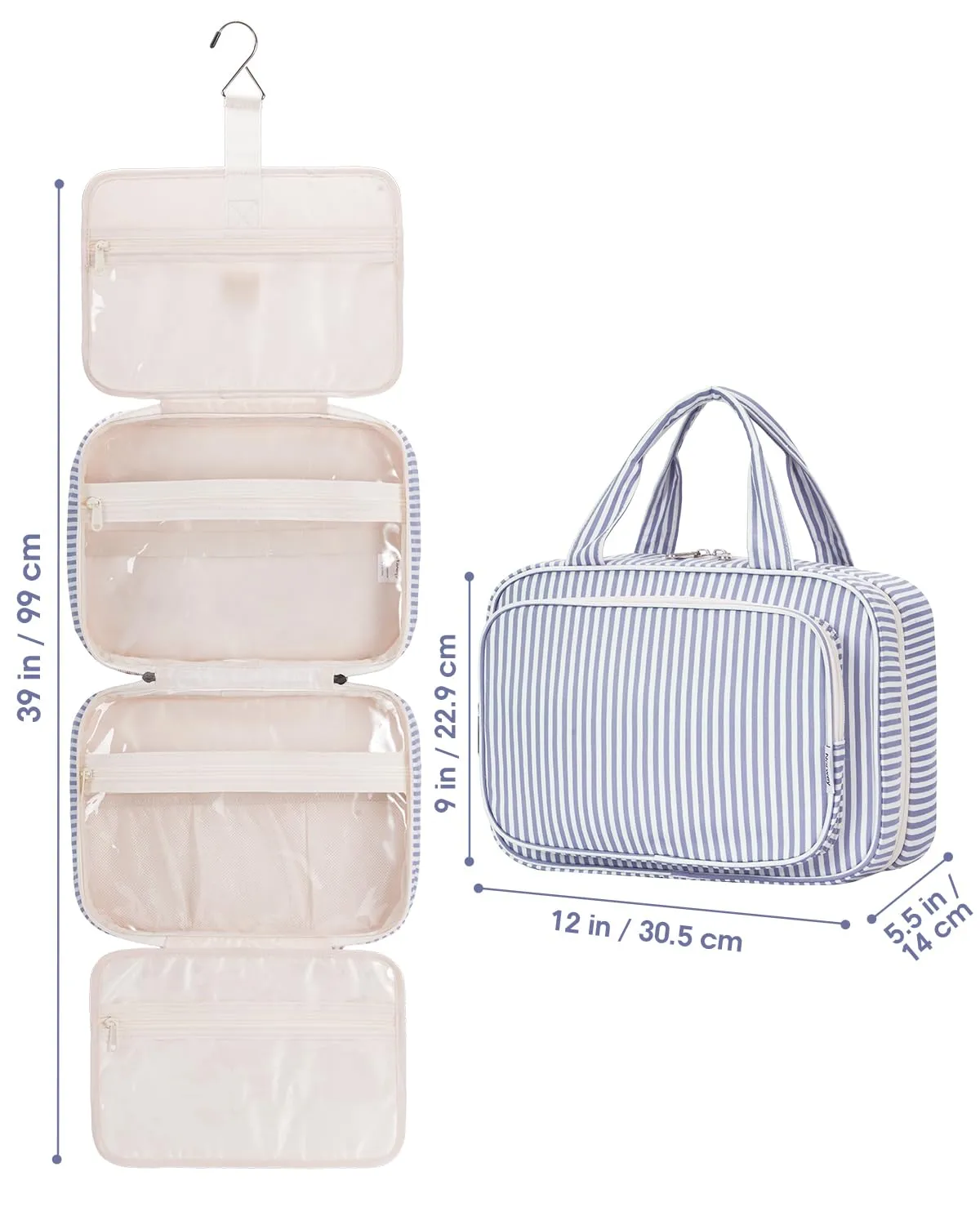 Narwey Beauty Case da Grande Viaggio, Beauty Case da Appendere per Donna Uomo,Borsa da Toilette da Travel Kit Viaggio, Grande Trousse Pochette Trucchi Donna (Striscia Blu Grigiastra (Grande)) - immagine 9