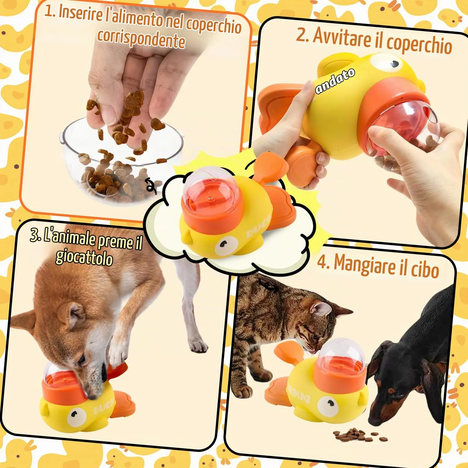 SilverChry Giochi Di Intelligenza Cane, Dispenser Cibo Gatti, Giocattolo Interattivo a Forma di Anatra, Giocattolo Interattivo 2 In 1 per Cani e Mangiatoia Lenta, Dispenser per Cani d'Anatra - immagine 7