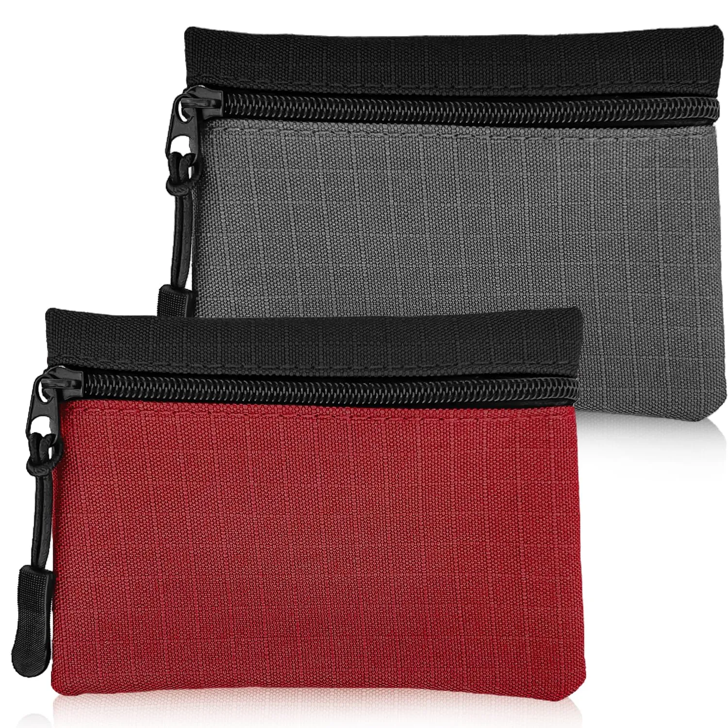 2 Pezzi Portamonete in Oxford Tessuto - Mini Portafoglio con Cerniera per Donna, Uomo, Bambina, Ragazzi (Grigio + Rosso) - immagine 1