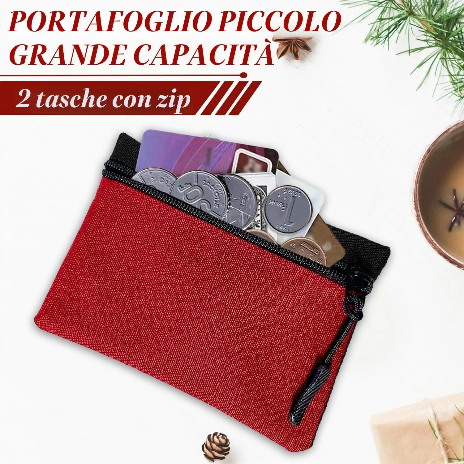 2 Pezzi Portamonete in Oxford Tessuto - Mini Portafoglio con Cerniera per Donna, Uomo, Bambina, Ragazzi (Grigio + Rosso) - immagine 3