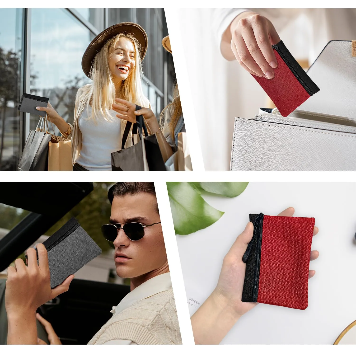 2 Pezzi Portamonete in Oxford Tessuto - Mini Portafoglio con Cerniera per Donna, Uomo, Bambina, Ragazzi (Grigio + Rosso) - immagine 7