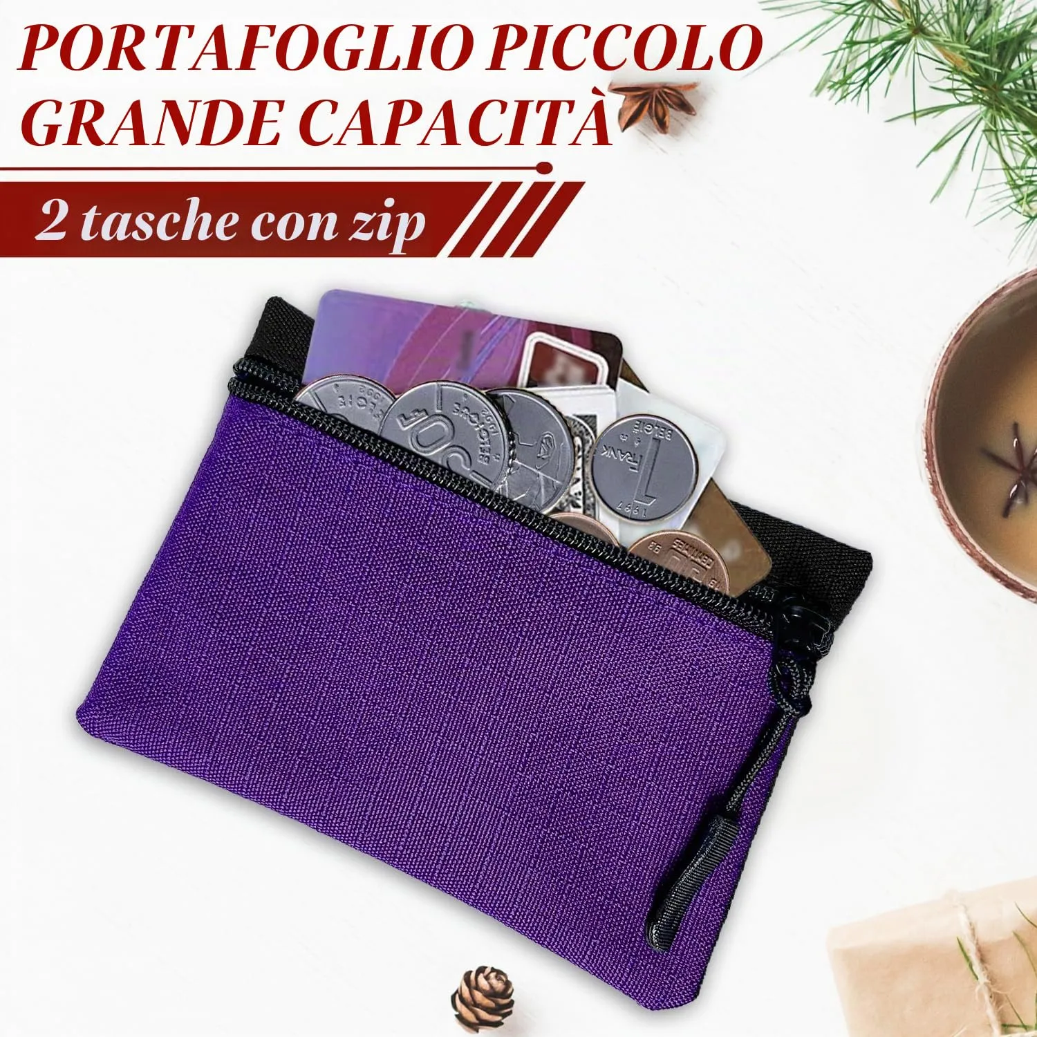 2 Pezzi Portamonete con Cerniera Oxford Tessuto Mini Portatile per Donna Uomo Bambina Ragazzi (Verde + Viola) - immagine 3