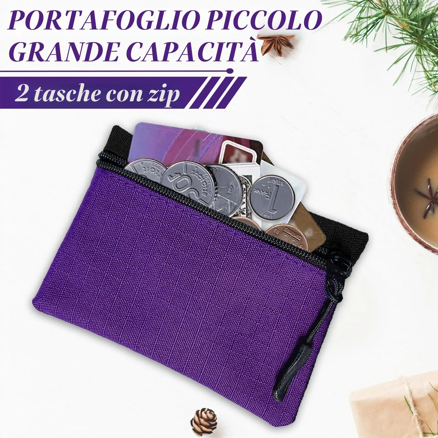 2 Pezzi Portamonete in Oxford Tessuto - Mini Portatile con Cerniera per Donna Uomo Bambina Ragazzi (Rosa + Viola) - immagine 3