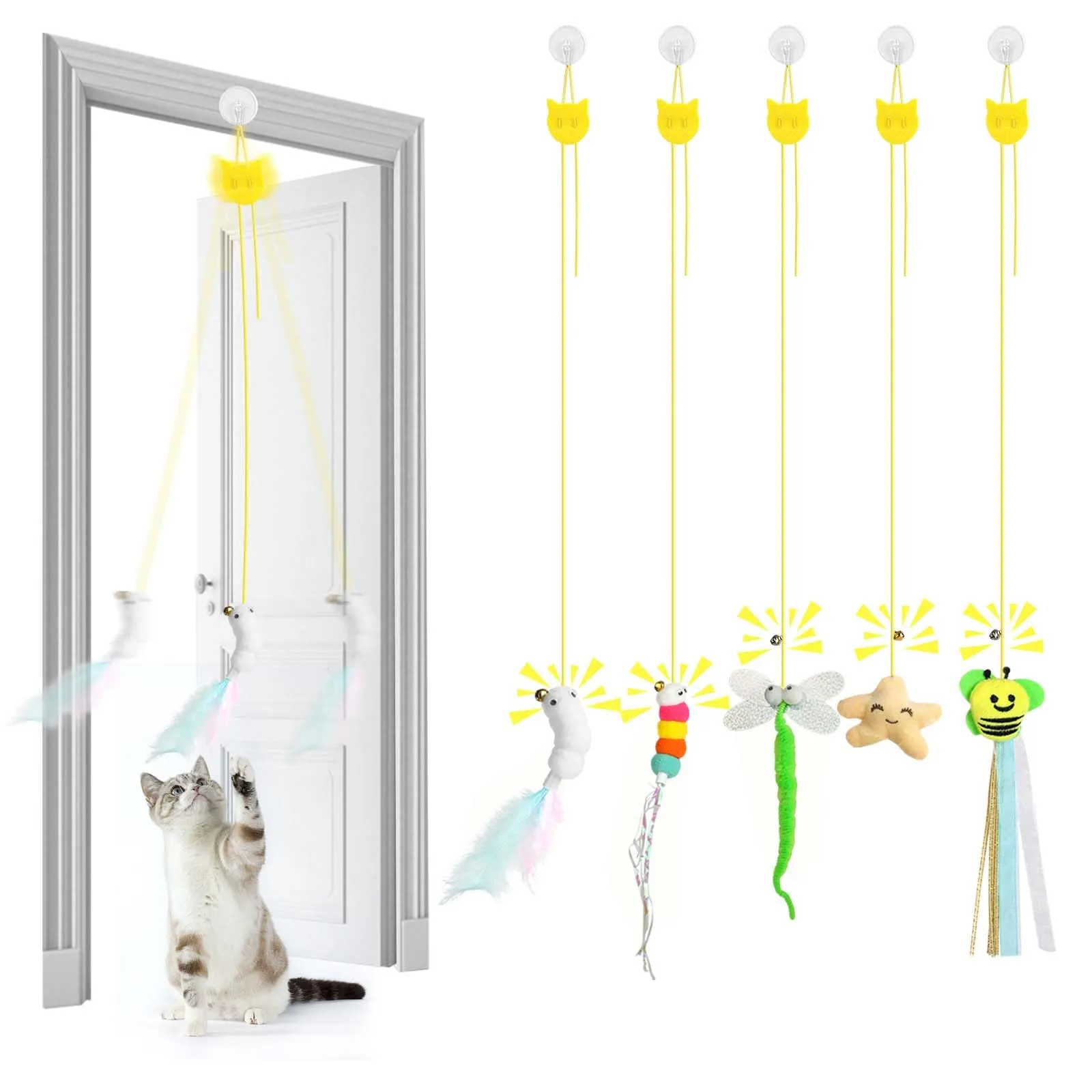 AYESY Appeso Giochi per Gatti,Interattivi 5 Pezzi Gioco Gatto da Interno Set con campana piume teaser Nappe Colorate Appeso Giochi Interattivi per Gatti per Esercizio Alleviare La Noia - immagine 1