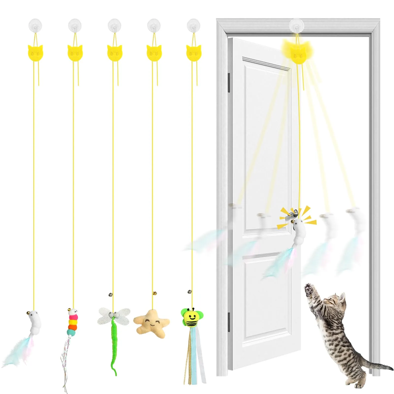 AYESY Appeso Giochi per Gatti,Interattivi 5 Pezzi Gioco Gatto da Interno Set con campana piume teaser Nappe Colorate Appeso Giochi Interattivi per Gatti per Esercizio Alleviare La Noia - immagine 9
