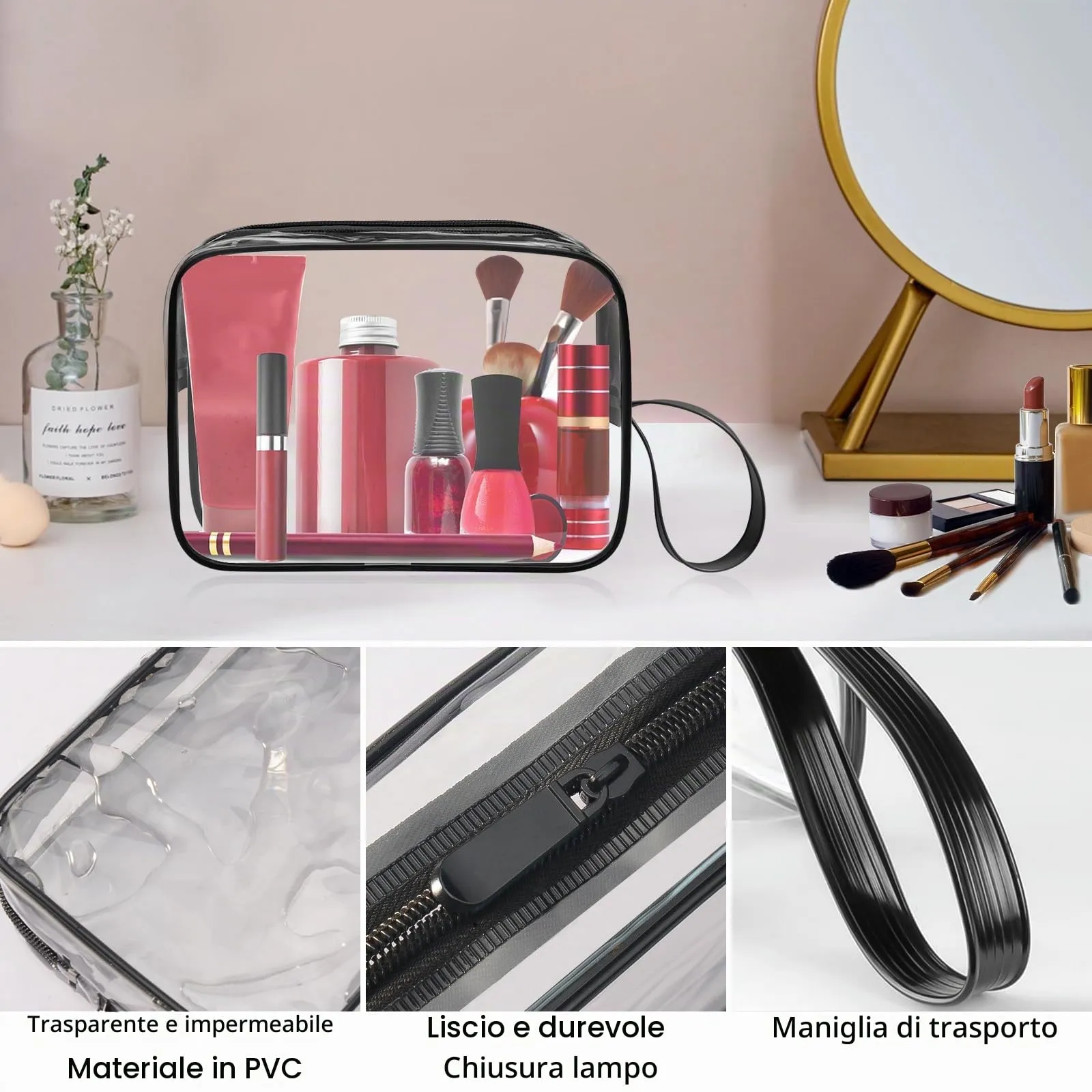 CGBE Borsa Cosmetici da Viaggio Impermeabile Trasparente - 5 Pezzi Nero - immagine 3