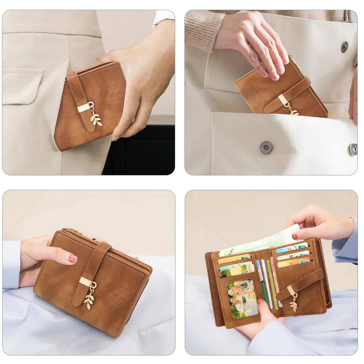 GOUNNU Portafoglio Donna Piccolo Portafogli Pelle PU RFID Blocco Elegante Corto Portamonete per donna con 17 Porta Carta di Credito Cerniera (Marrone) - immagine 5