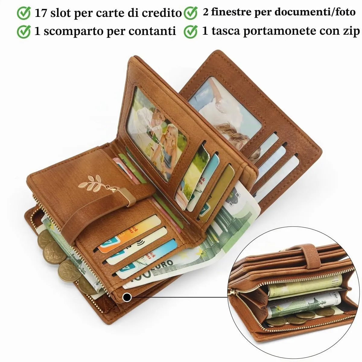 GOUNNU Portafoglio Donna Piccolo Portafogli Pelle PU RFID Blocco Elegante Corto Portamonete per donna con 17 Porta Carta di Credito Cerniera (Marrone) - immagine 6