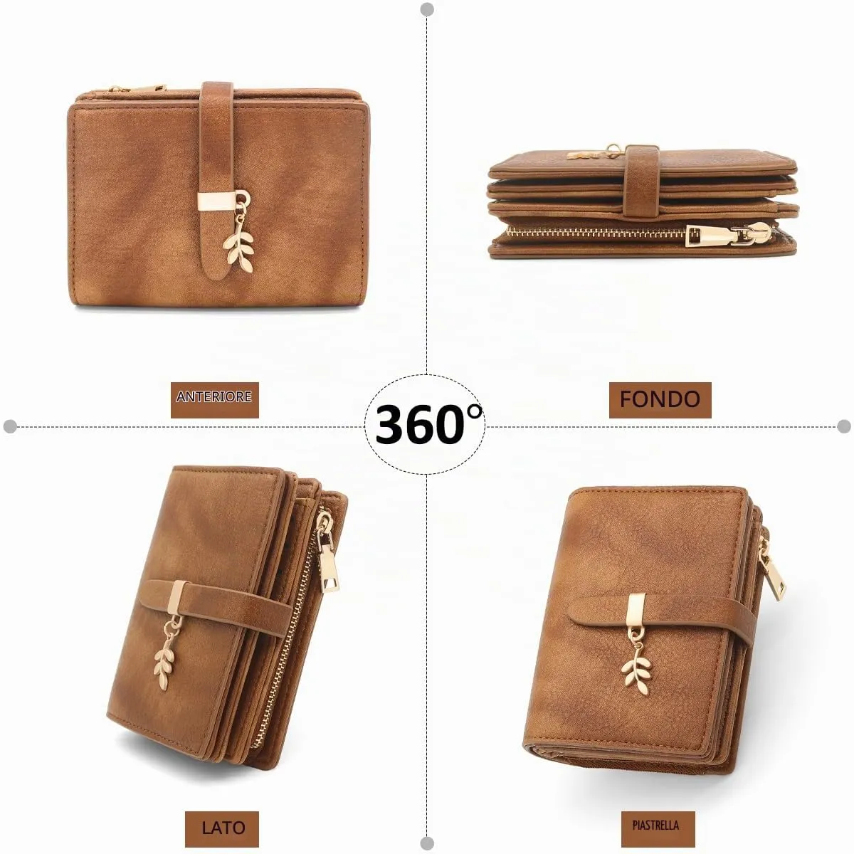 GOUNNU Portafoglio Donna Piccolo Portafogli Pelle PU RFID Blocco Elegante Corto Portamonete per donna con 17 Porta Carta di Credito Cerniera (Marrone) - immagine 8