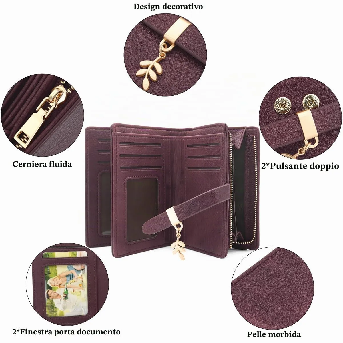 GOUNNU Portafoglio Donna Piccolo Portafogli Pelle PU RFID Blocco Slim Formato Corto Portamonete per Donna con 17 Porta Carta di Credito Cerniera (Rosso Vinaccia) - immagine 2