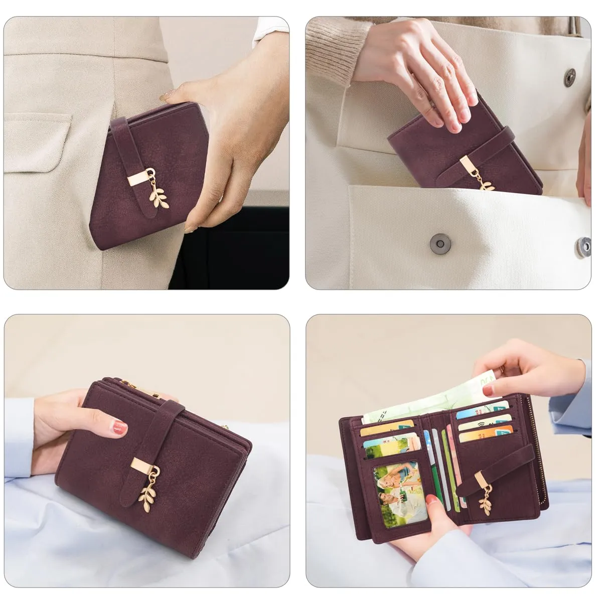 GOUNNU Portafoglio Donna Piccolo Portafogli Pelle PU RFID Blocco Slim Formato Corto Portamonete per Donna con 17 Porta Carta di Credito Cerniera (Rosso Vinaccia) - immagine 5