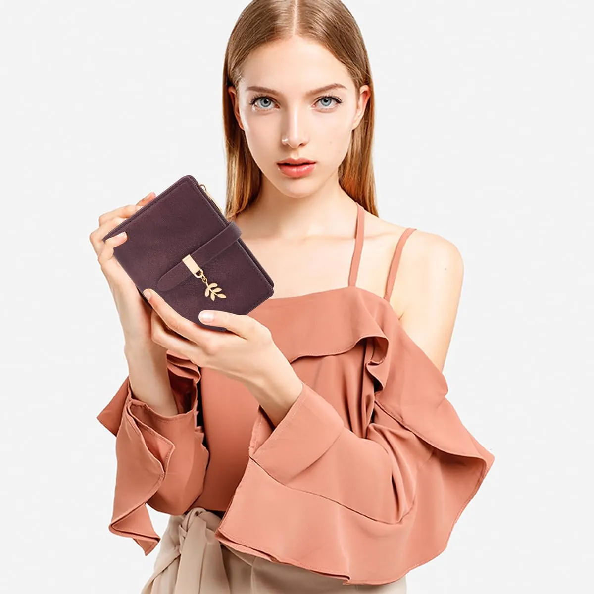 GOUNNU Portafoglio Donna Piccolo Portafogli Pelle PU RFID Blocco Slim Formato Corto Portamonete per Donna con 17 Porta Carta di Credito Cerniera (Rosso Vinaccia) - immagine 7