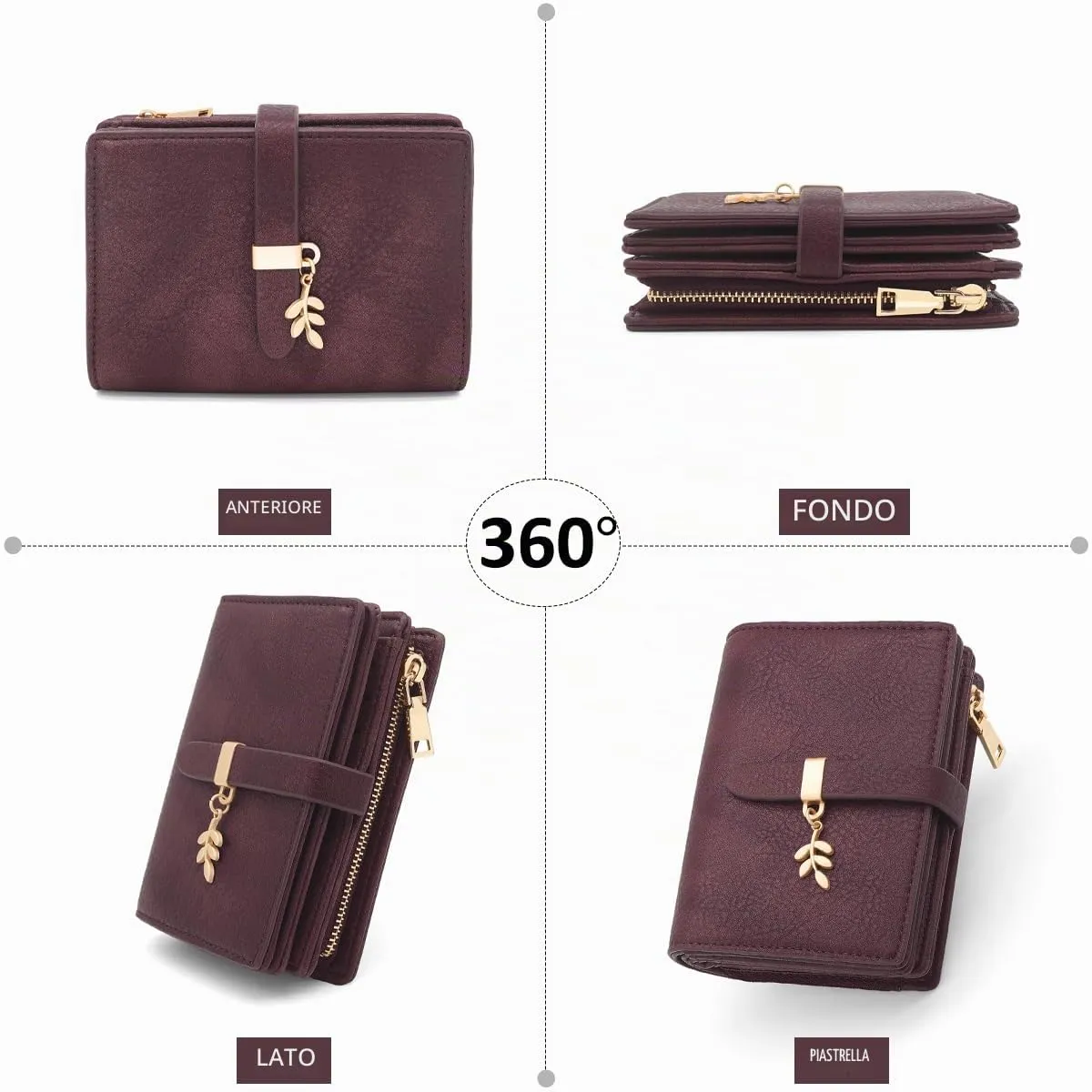 GOUNNU Portafoglio Donna Piccolo Portafogli Pelle PU RFID Blocco Slim Formato Corto Portamonete per Donna con 17 Porta Carta di Credito Cerniera (Rosso Vinaccia) - immagine 8