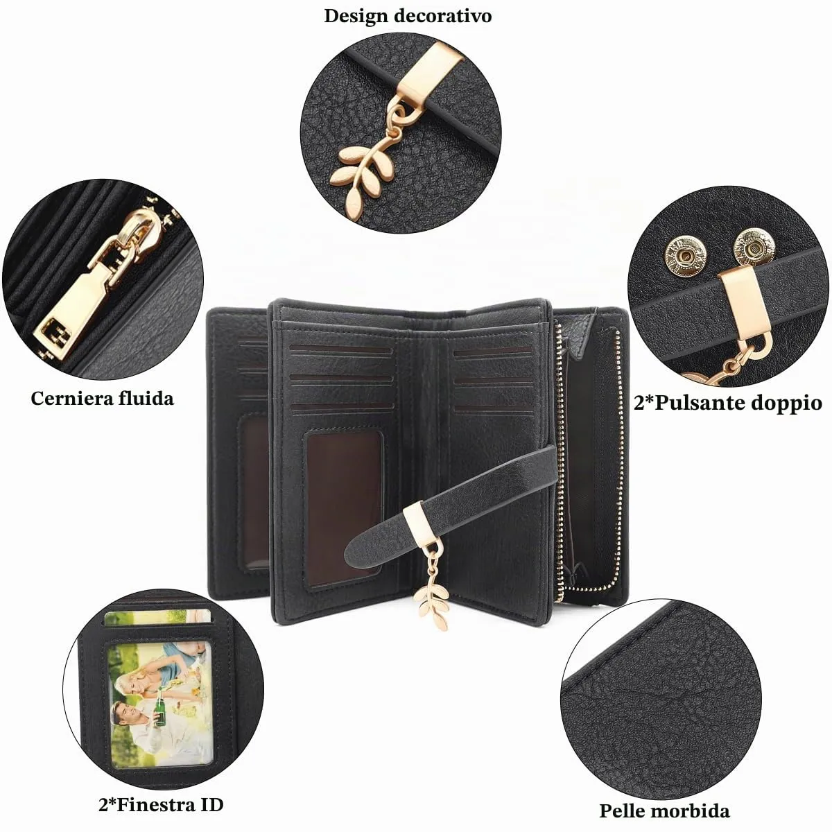 GOUNNU Portafoglio Donna Piccolo Portafogli Pelle PU RFID Blocco Slim Formato Corto Portamonete per donna con 17 Porta Carta di Credito Cerniera (Nero) - immagine 2