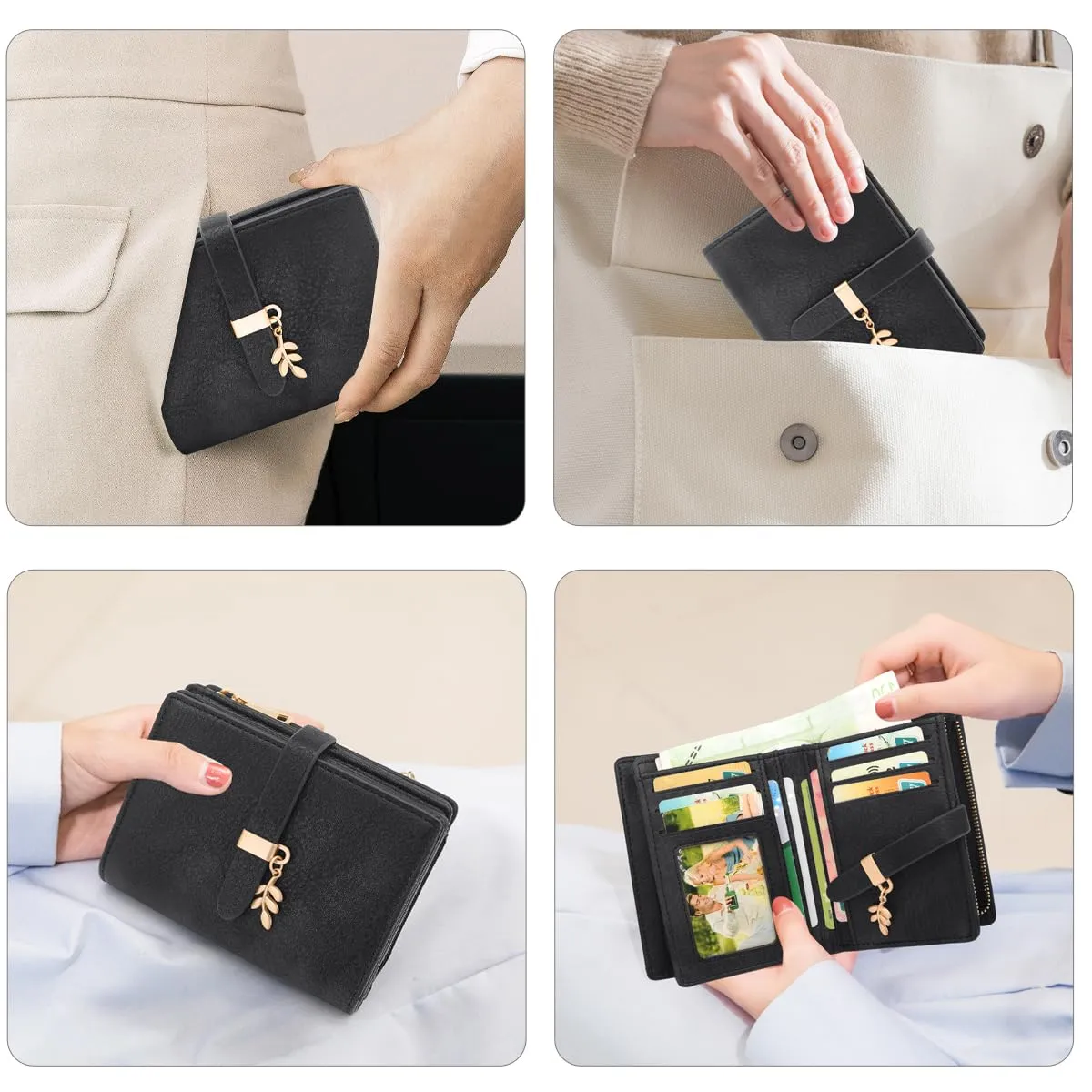 GOUNNU Portafoglio Donna Piccolo Portafogli Pelle PU RFID Blocco Slim Formato Corto Portamonete per donna con 17 Porta Carta di Credito Cerniera (Nero) - immagine 5