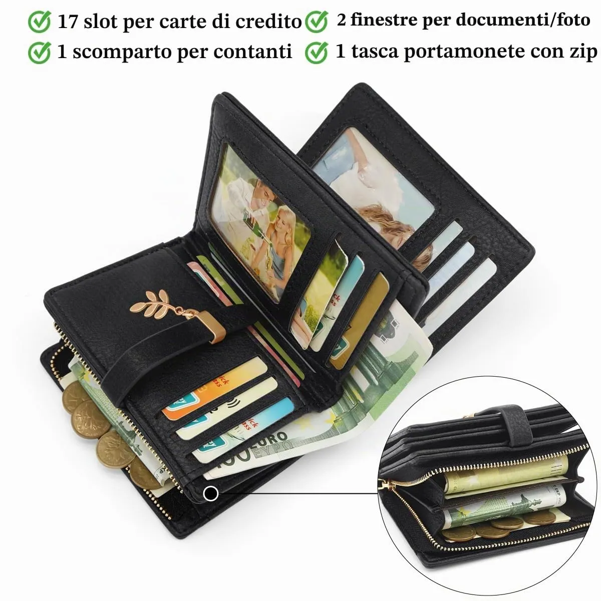 GOUNNU Portafoglio Donna Piccolo Portafogli Pelle PU RFID Blocco Slim Formato Corto Portamonete per donna con 17 Porta Carta di Credito Cerniera (Nero) - immagine 6