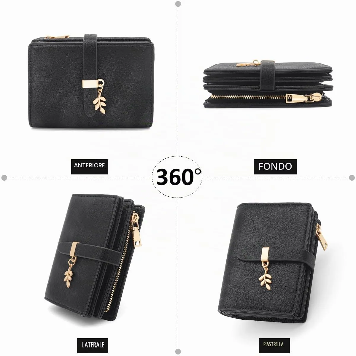 GOUNNU Portafoglio Donna Piccolo Portafogli Pelle PU RFID Blocco Slim Formato Corto Portamonete per donna con 17 Porta Carta di Credito Cerniera (Nero) - immagine 8