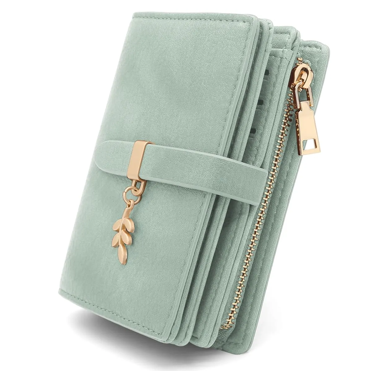GOUNNU Portafoglio Donna Piccolo Portafogli Pelle PU RFID Blocco Elegante Corto Portamonete per donna con 17 Porta Carta di Credito Cerniera (Verde) - immagine 1