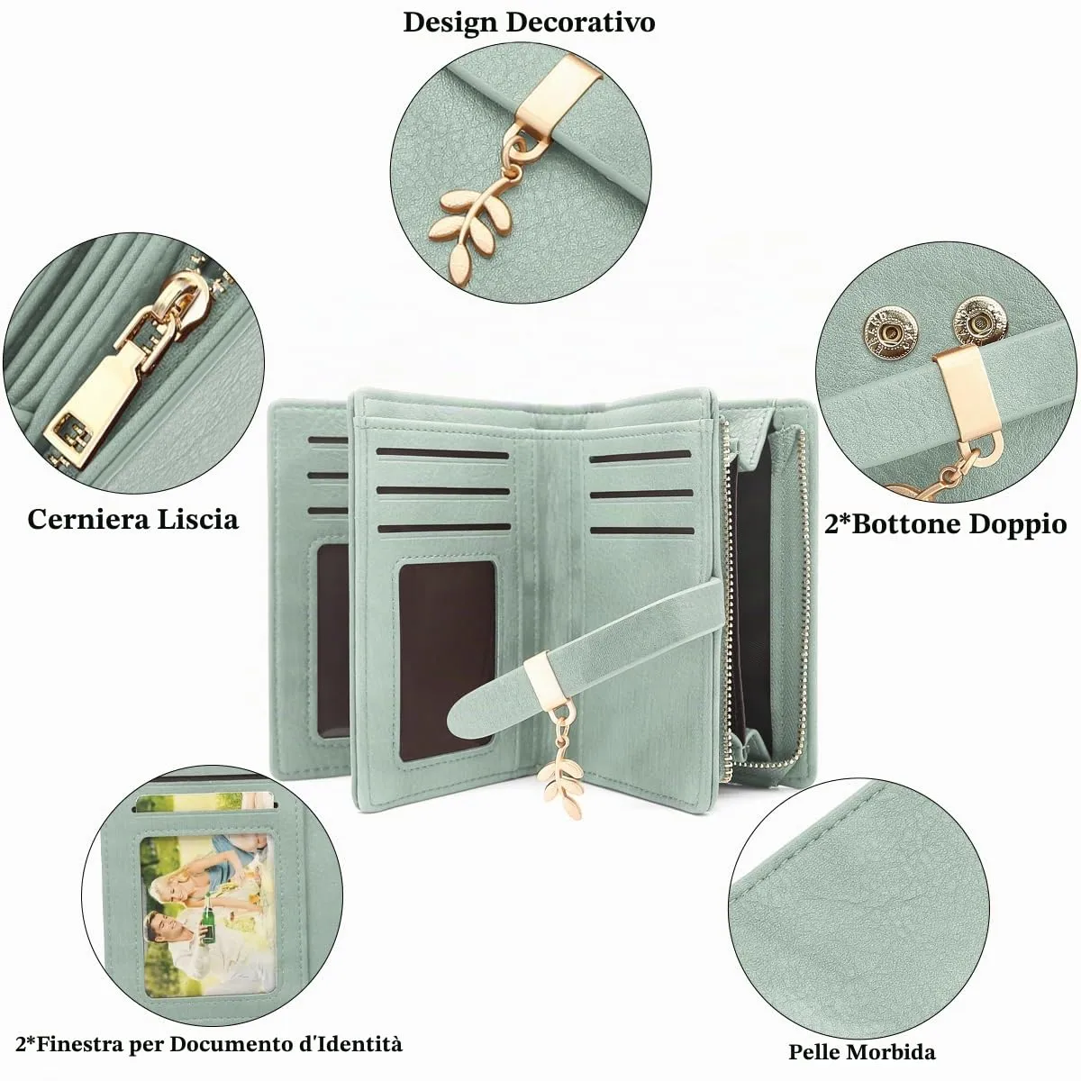 GOUNNU Portafoglio Donna Piccolo Portafogli Pelle PU RFID Blocco Elegante Corto Portamonete per donna con 17 Porta Carta di Credito Cerniera (Verde) - immagine 2