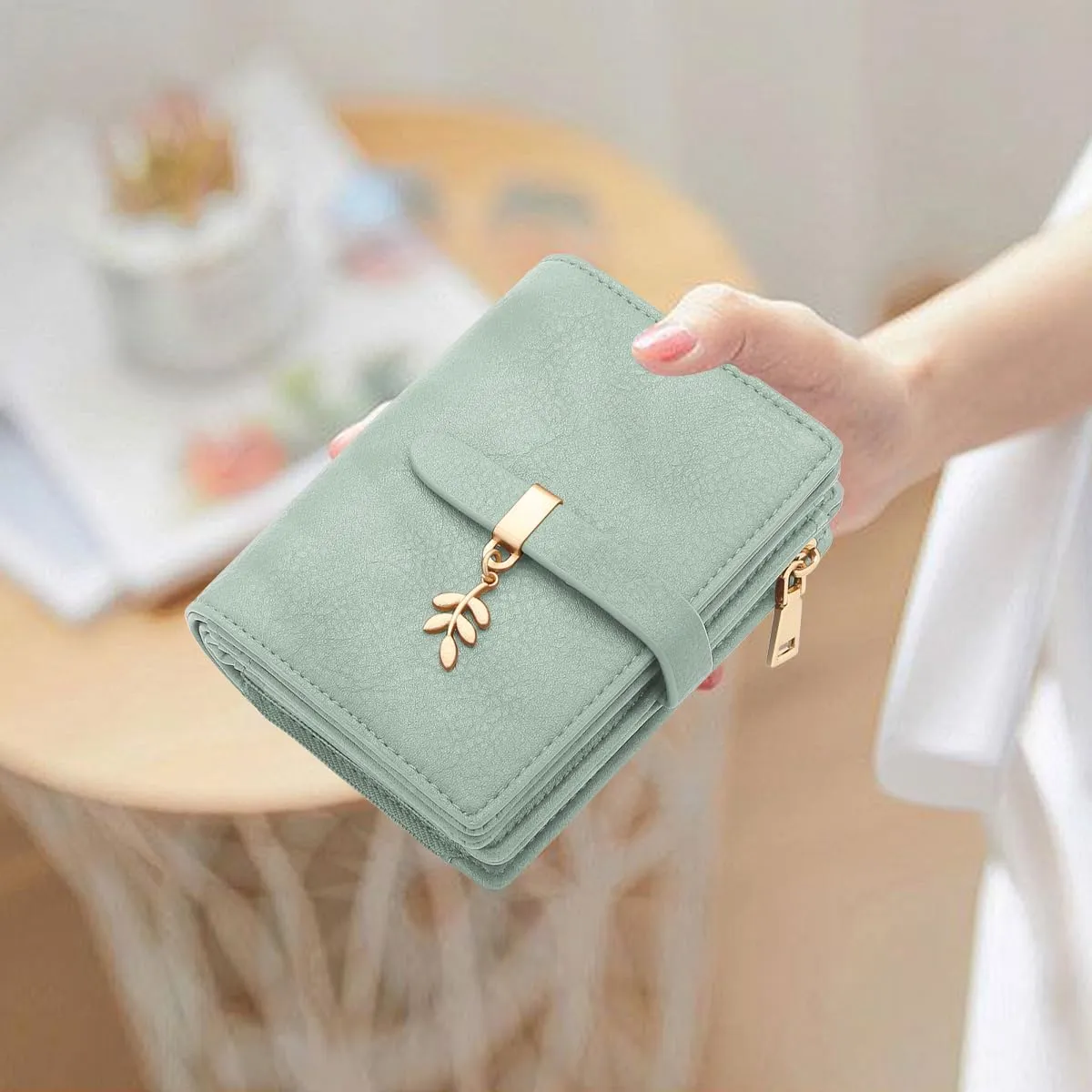 GOUNNU Portafoglio Donna Piccolo Portafogli Pelle PU RFID Blocco Elegante Corto Portamonete per donna con 17 Porta Carta di Credito Cerniera (Verde) - immagine 3